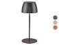 Lampe de table portable gris foncé avec trois options de couleur.