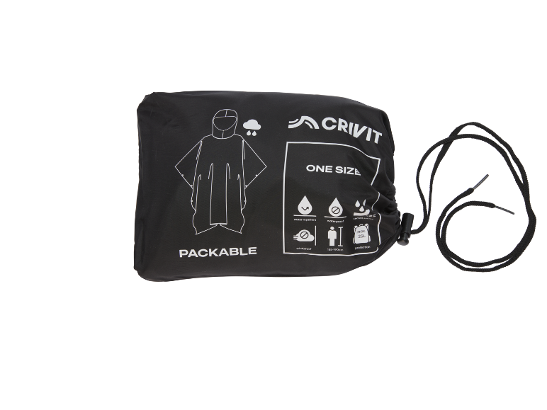 Poncho de pluie noir pliable avec icônes indiquant les caractéristiques du produit.