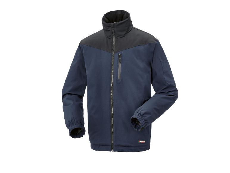 Veste de travail Parkside Performance bleu marine avec empiècements noirs et fermeture éclair.