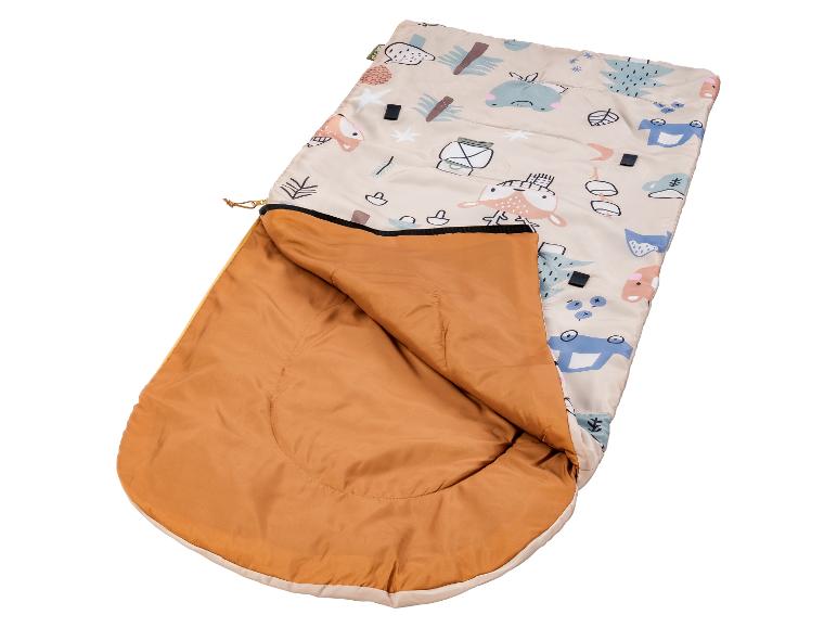 Gigoteuse bébé avec motifs animaux et arbres, ouverte, intérieur orange.