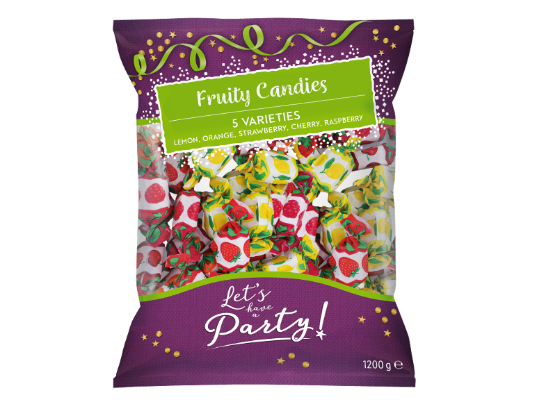 Sachet de bonbons aux fruits avec 5 variétés : citron, orange, fraise, cerise, framboise. Thème fête.