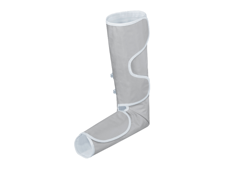 Manchette de massage des jambes grise et blanche.