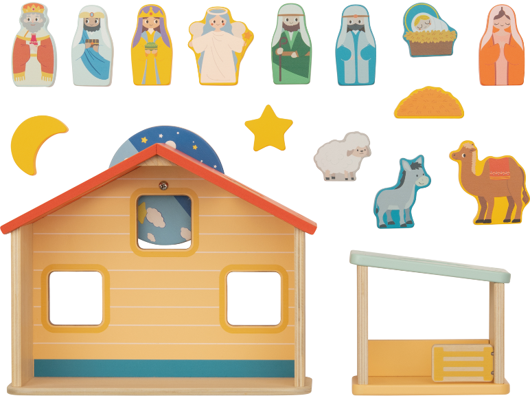 Ensemble de jeu de crèche en bois avec des figurines de personnes, d'animaux et de bâtiments.