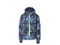 Veste de ski pour enfant avec motif camouflage bleu et fermeture éclair jaune fluo.