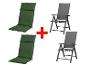Deux chaises pliantes et deux coussins de chaise verts pour l'extérieur.