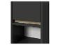 Armoire noire avec un compartiment en bois clair et une étagère ouverte.