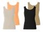 Deux débardeurs côtelés, beige et noir, avec deux autres en orange et beige clair.