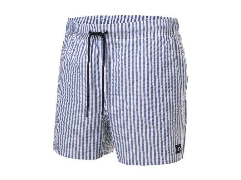 Short de bain homme à rayures bleues et blanches avec cordon de serrage.