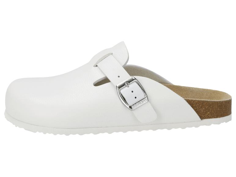 Sabot en cuir blanc avec boucle et semelle en liège.