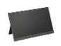 Moniteur portable noir avec écran sombre et support, vu en angle.