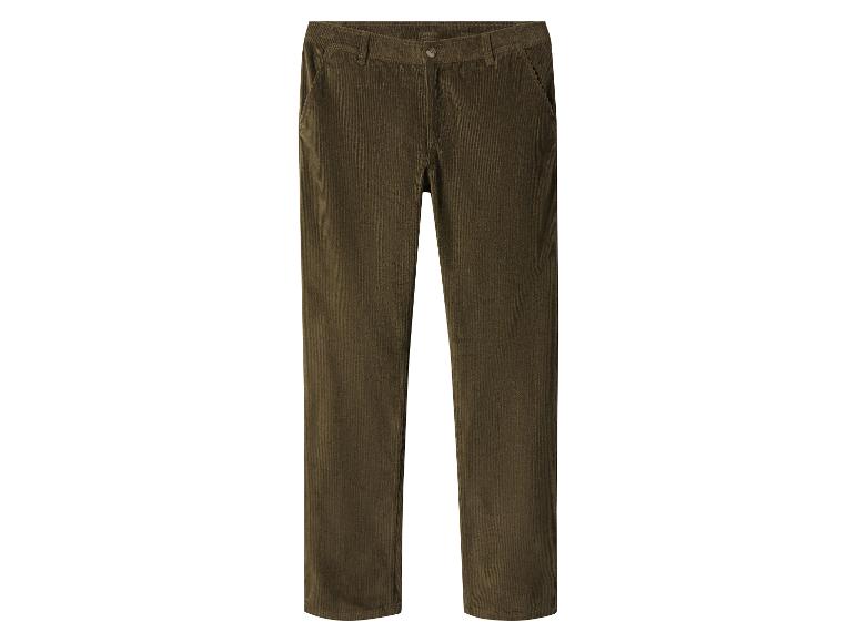 Pantalon en velours côtelé vert foncé à jambe droite et fermeture boutonnée.
