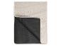 Couverture de pique-nique pliée beige et noire avec une surface texturée.