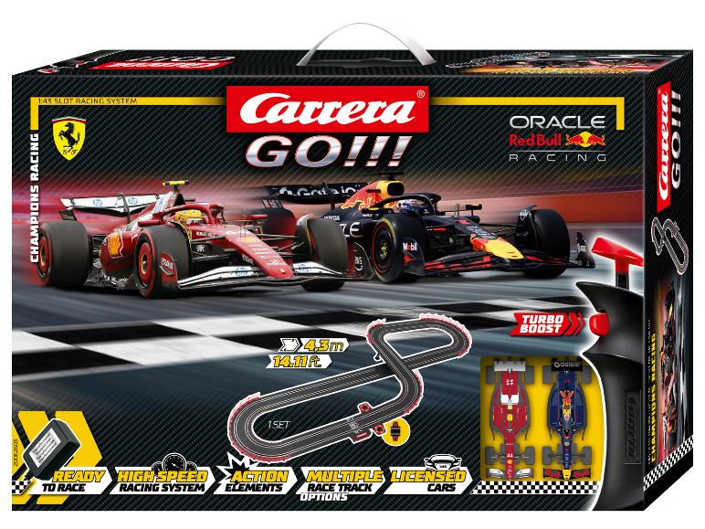 Boîte du circuit de voitures Carrera GO!!! Champions Racing avec des F1 Ferrari et Red Bull.