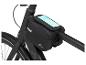 Une sacoche de vélo noire avec un support de téléphone de Crivit, fixée au guidon.