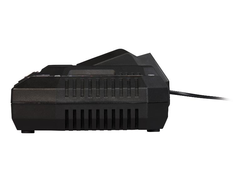 Chargeur de batterie noir avec câble, vue latérale