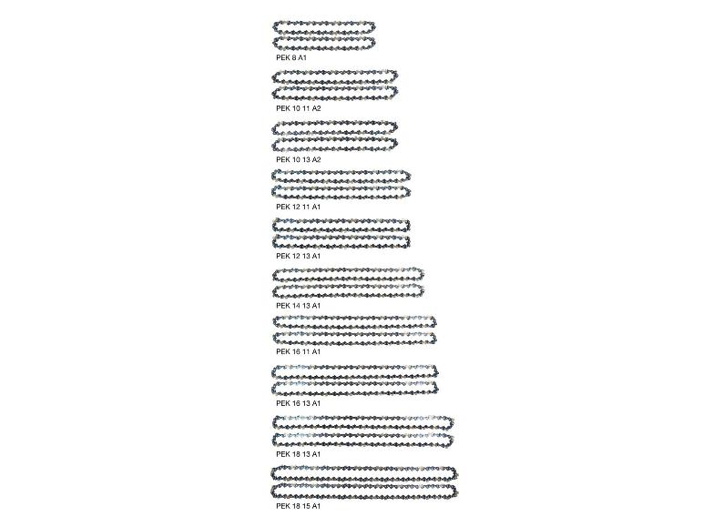Diverses chaînes de tronçonneuse de différentes tailles avec codes produit.
