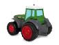 Tracteur jouet vert avec roues rouges et garde-boue gris