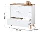 Commode blanche à trois tiroirs avec plateau en bois, mesurant 75,3 x 80 x 33 cm.