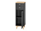 Une armoire noire avec deux tiroirs et une porte avec des étagères.