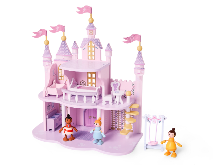 Château de poupée rose avec figurines et balançoire.
