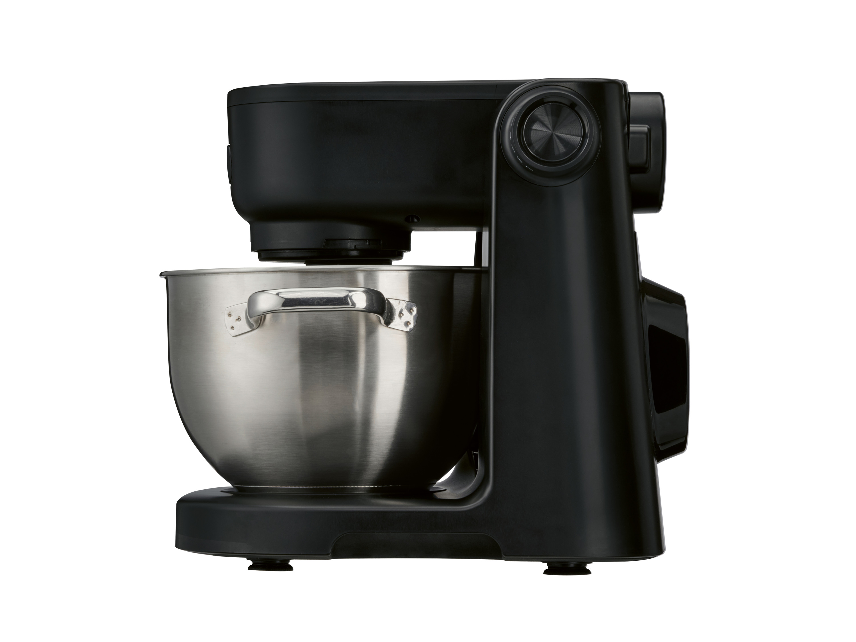 Robot pâtissier noir avec bol en acier inoxydable sur fond blanc.