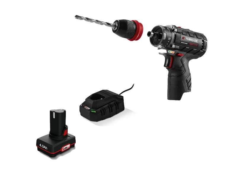 Perceuse sans fil Parkside avec batterie, chargeur et foret.