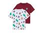 Deux t-shirts pour enfant : un à motifs animaux et alphabet, un uni bordeaux.