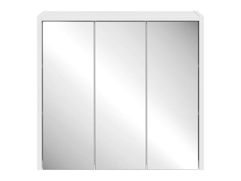 Armoire de salle de bain blanche avec trois portes miroir.