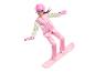Poupée Barbie sur un snowboard en combinaison de ski rose.