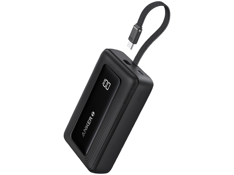 Batterie externe portable noire avec affichage numérique '100' et câble USB-C intégré.