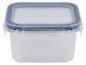 Un récipient en plastique transparent avec un couvercle bleu.