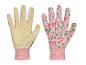Deux gants de jardin roses à pois et à motif floral.