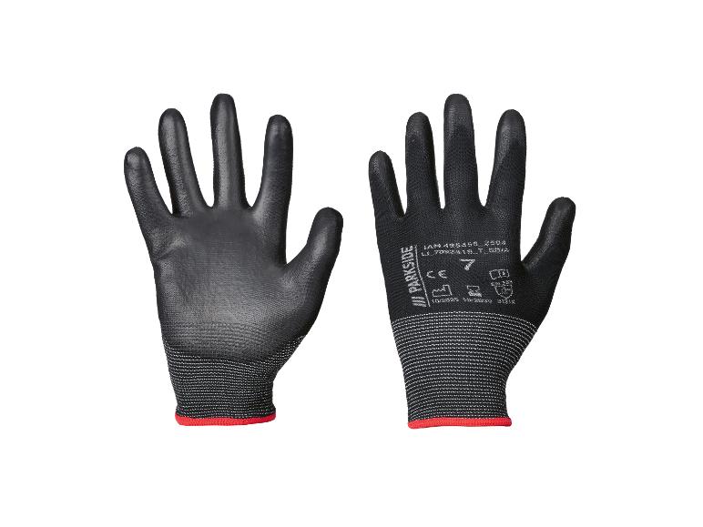 Une paire de gants de travail noirs Parkside avec bordure rouge et inscriptions blanches.