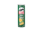 Tube vert de chips saveur fromage et oignon, avec des images de chips, fromage et oignon.