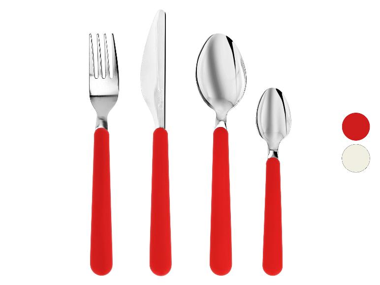 Ensemble de couverts à manches rouges : fourchette, couteau, grande et petite cuillère.