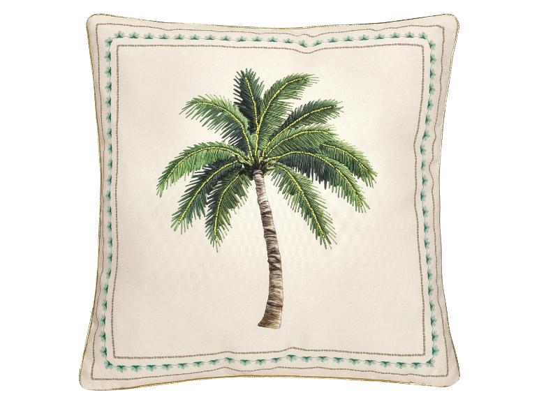 Coussin crème avec palmier brodé et bordure verte