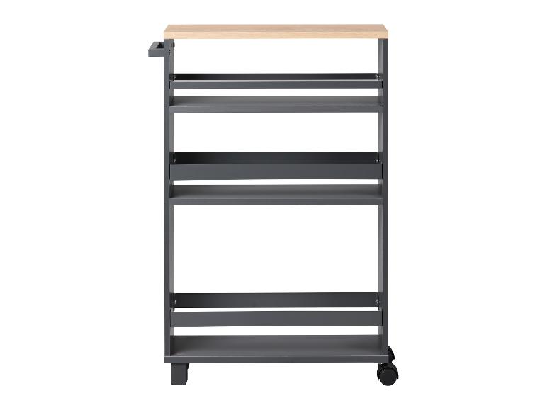 Chariot de cuisine gris avec plan de travail en bois et roulettes