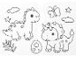 Page de coloriage de dinosaures avec deux mignons dinosaures, un œuf, des nuages, des étoiles, un papillon et des feuilles.