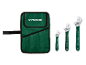 Ensemble de trois clés à molette de différentes tailles, avec une trousse à outils en tissu vert.