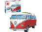 Puzzle 3D d'un van rouge et blanc avec une planche de surf sur le toit et sa boîte.
