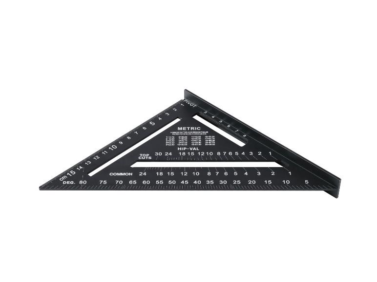 Équerre de charpentier noire avec tables de conversion métriques et communes.