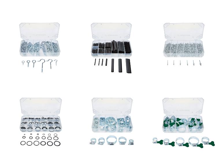 Assortiments de fixations, comprenant des crochets, des rivets, des joints toriques et des colliers.