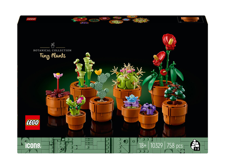 Ensemble Lego Icons avec de petites plantes, y compris un cactus et une plante carnivore.