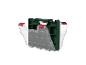 Boîte de rangement en plastique verte et transparente ouverte avec loquets rouges
