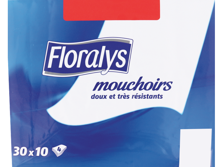 Paquet bleu de mouchoirs en papier, avec l'inscription « mouchoirs doux et très résistants », 30x10 unités.