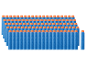 Des fléchettes Nerf bleues avec des pointes oranges disposées en rangées.