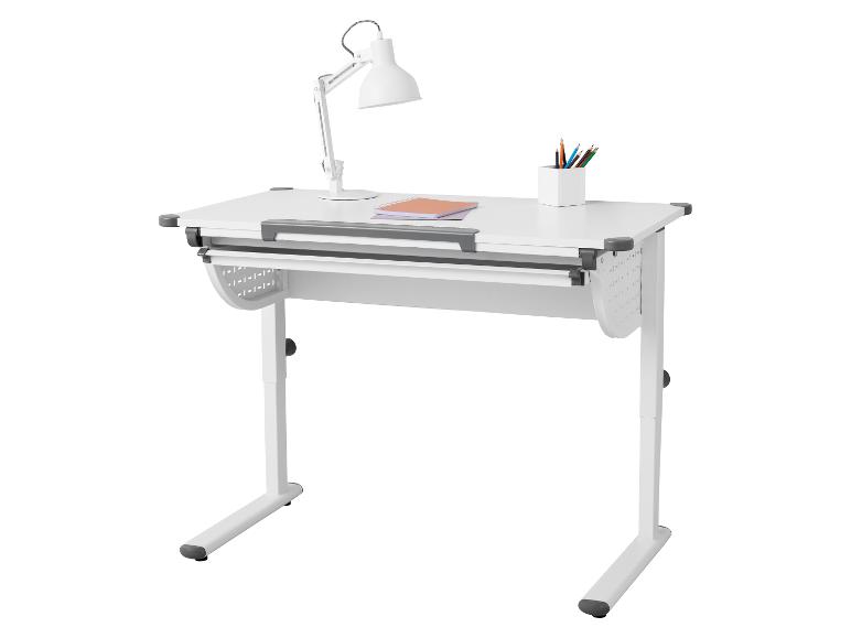 Bureau d'enfant blanc réglable avec lampe, carnet et pot à crayons.