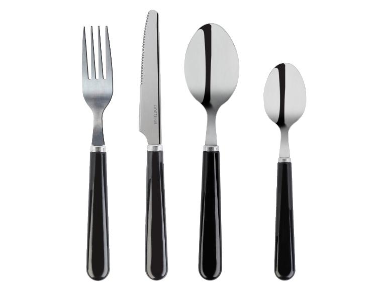 Couteau, fourchette et deux cuillères en acier inoxydable avec des poignées noires.