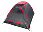 Une tente High Peak grise et rouge.