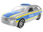 Une voiture de police jouet argentée avec des rayures bleues et jaunes.